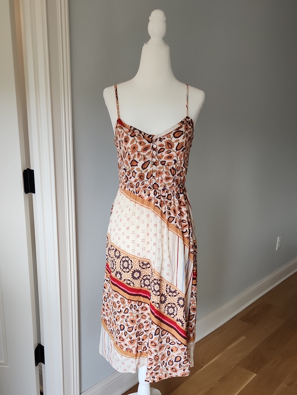 aerie Mixed Print Spaghetti Strap Midi Dress in Beige, Brown and Red